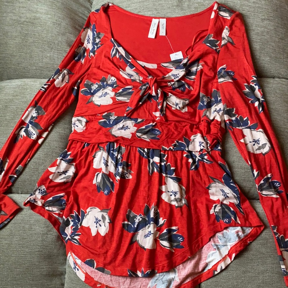 Anthropologie Red Floral Tie-Front Long Sleeve Top